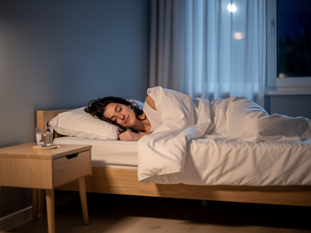 Peaceful woman sleeping on organic cotton sheets in a serene minimalist bedroom with soft lighting, emphasizing deep sleep quality for better metabolism