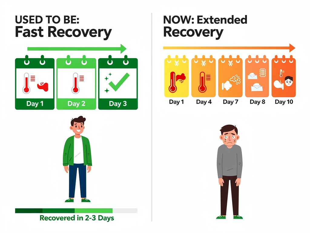 Timeline comparison showing normal 3-5 day cold recovery versus prolonged 7-10 day recovery