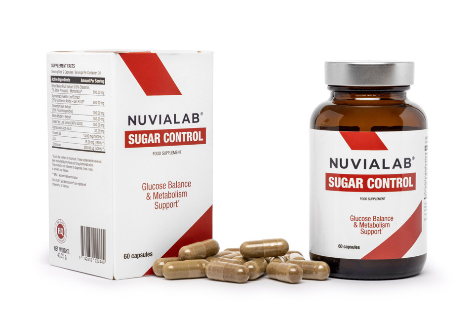 Sugar Control supplement bottle showing key ingredients berberine, chromium,
cinnamon, gymnema, and alpha lipoic acid for blood sugar management support