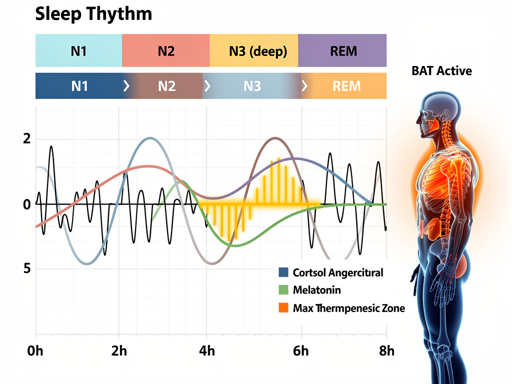 Scientific diagram showing how to burn fat while you sleep without stimulants through thermogenesis activation