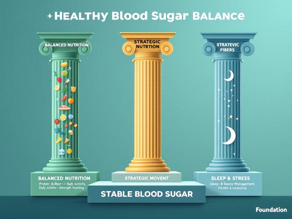 Three pillars of blood sugar balance infographic showing balanced nutrition, 
strategic movement, and sleep and stress management for glucose control