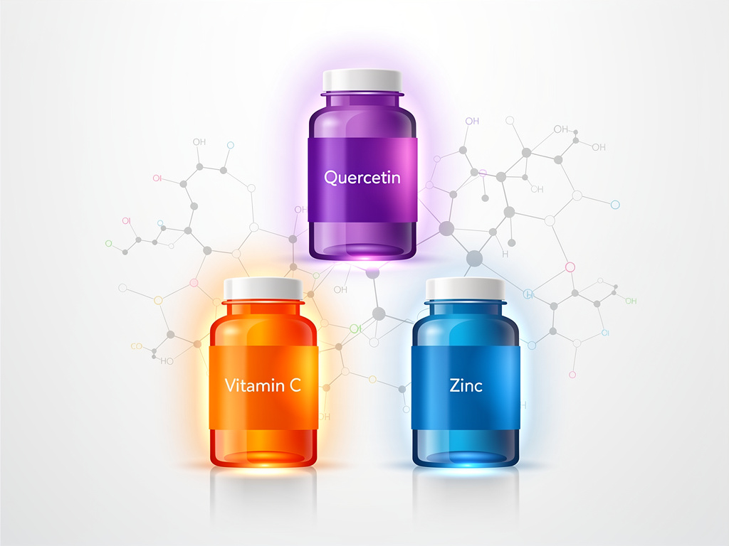 Infographic illustration of three supplement bottles showing quercetin, vitamin C, and zinc synergy with molecular connections