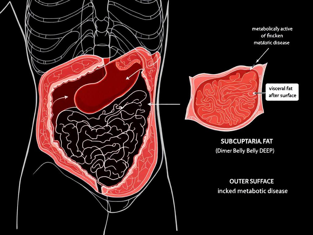 Anatomical cross-section illustration comparing visceral (deep belly) fat and subcutaneous (surface) fat, showing how ketogenic diet preferentially targets and reduces visceral fat linked to metabolic disease