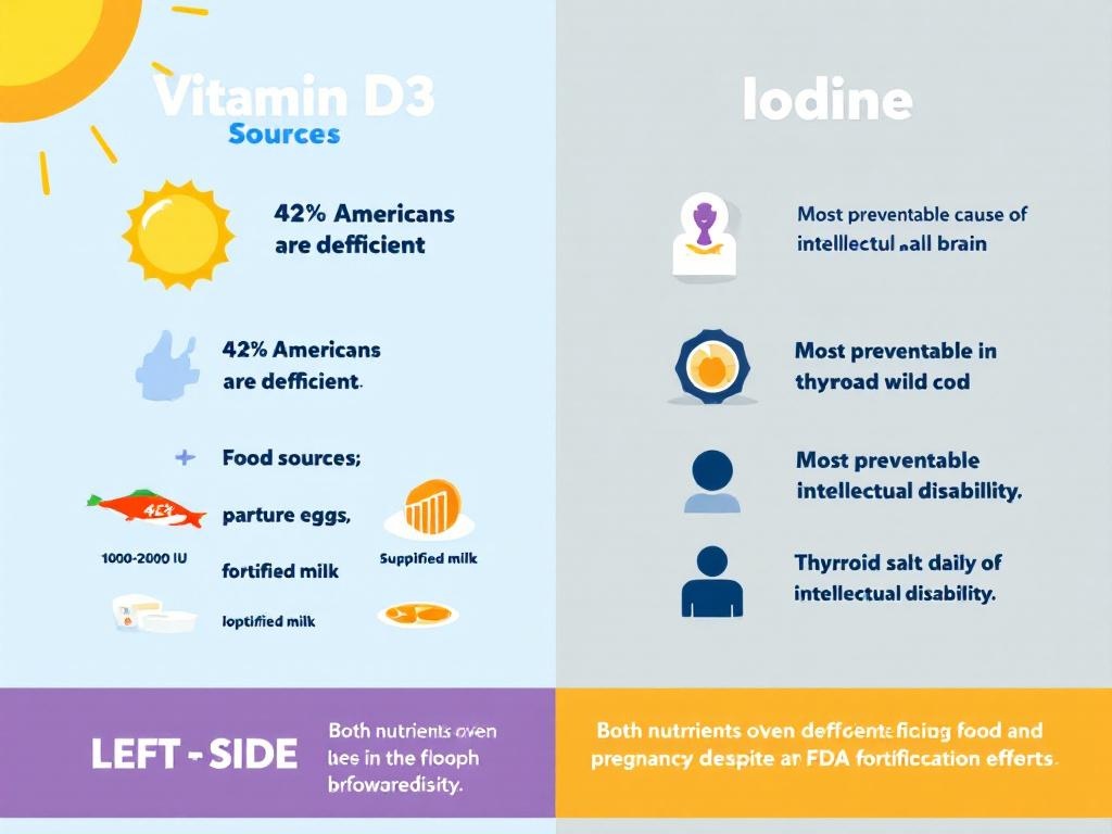 Vitamin D3 and Iodine sources infographic showing food and supplement options for pregnancy: 
salmon, eggs, fortified milk, iodized salt, seaweed, with deficiency statistics and optimal 
daily dosing recommendations