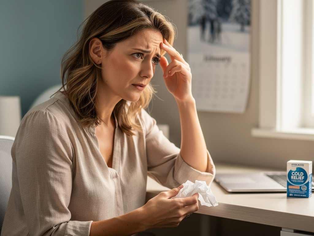 Woman with realization gesture recognizing weak immune system signs during winter
