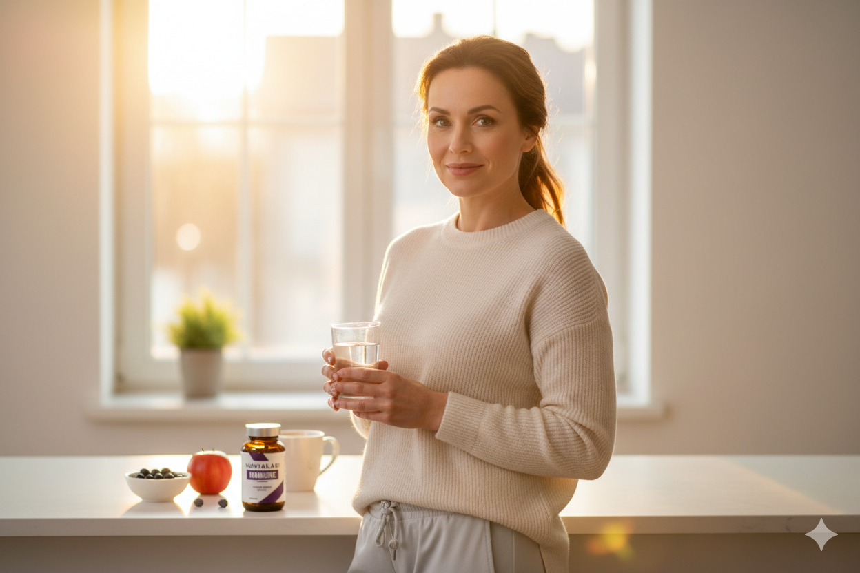 Woman over 40 taking NuviaLab Immune supplement in morning routine