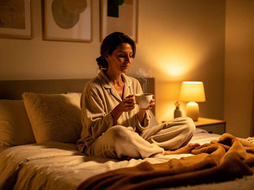 Woman following healthy evening bedtime routine with herbal tea and natural sleep supplement for weight loss