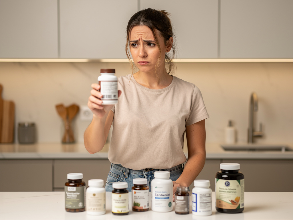 Skeptical woman reading supplement label warning about caffeine and stimulants in fat burners