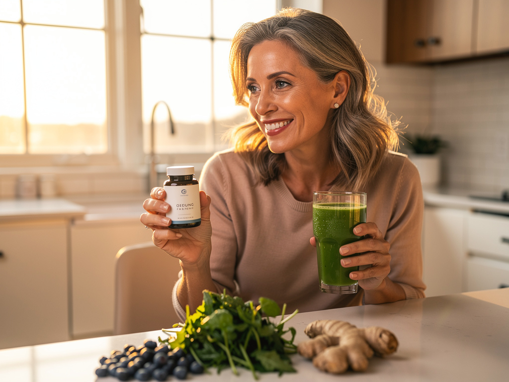 Healthy 42-year-old woman holding immune supplement bottle with fresh green smoothie at bright kitchen table