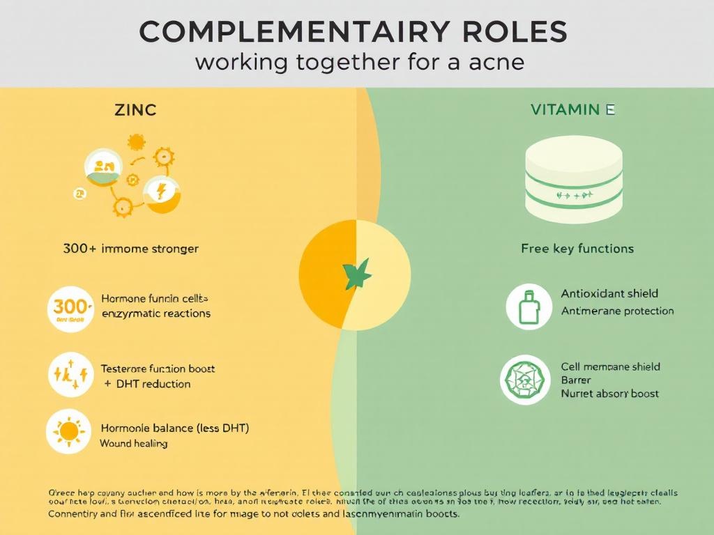 nfographic showing how zinc regulates hormones and immune function, and how vitamin E provides antioxidant protection, working together for acne treatment