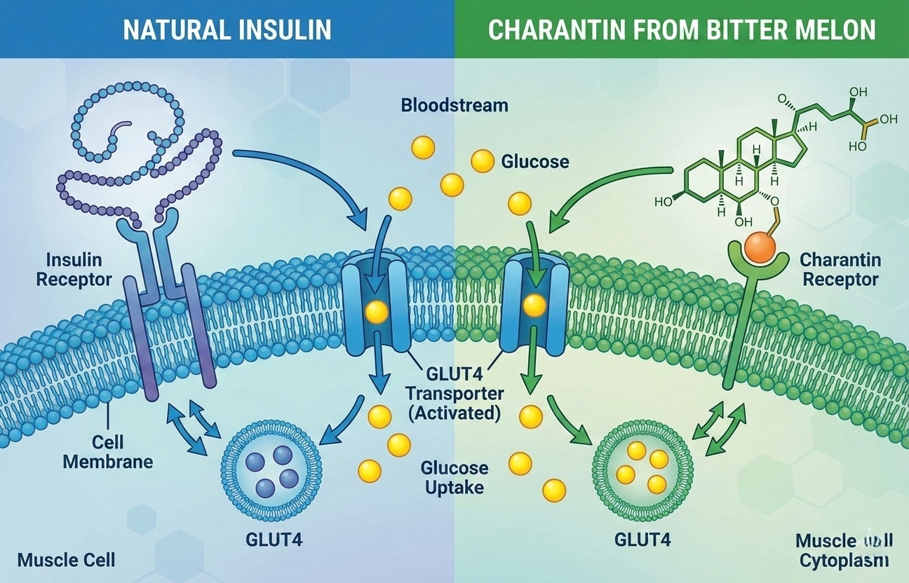 Biochemical diagram showing how charantin from bitter melon mimics insulin action by activating GLUT4 glucose transporters, enabling glucose uptake into cells