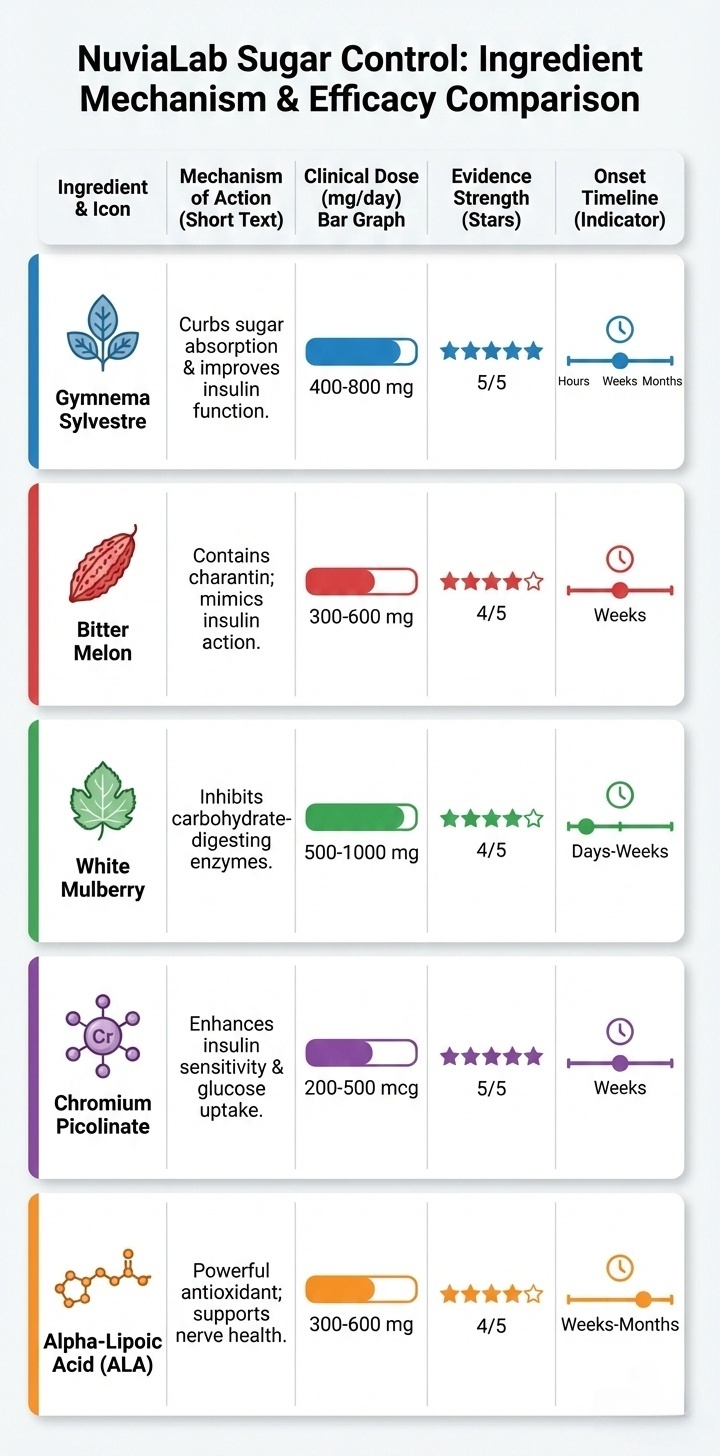 Clinical comparison of 5 blood sugar control ingredients showing therapeutic doses, mechanisms, and evidence ratings for gymnema, bitter melon, white mulberry, chromium, and alpha lipoic acid