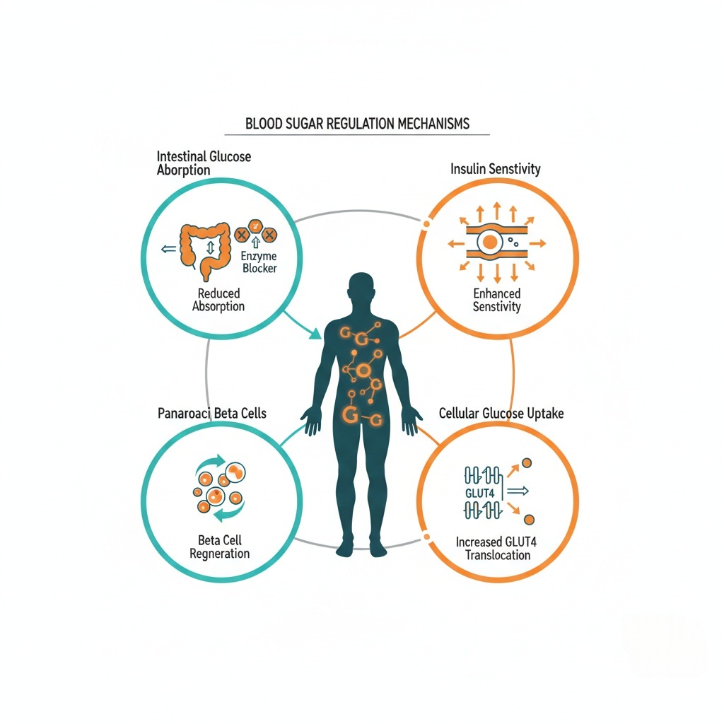 Medical diagram showing four pathways of natural blood sugar regulation: glucose absorption inhibition, insulin receptor sensitization, beta cell regeneration, and GLUT4 activation