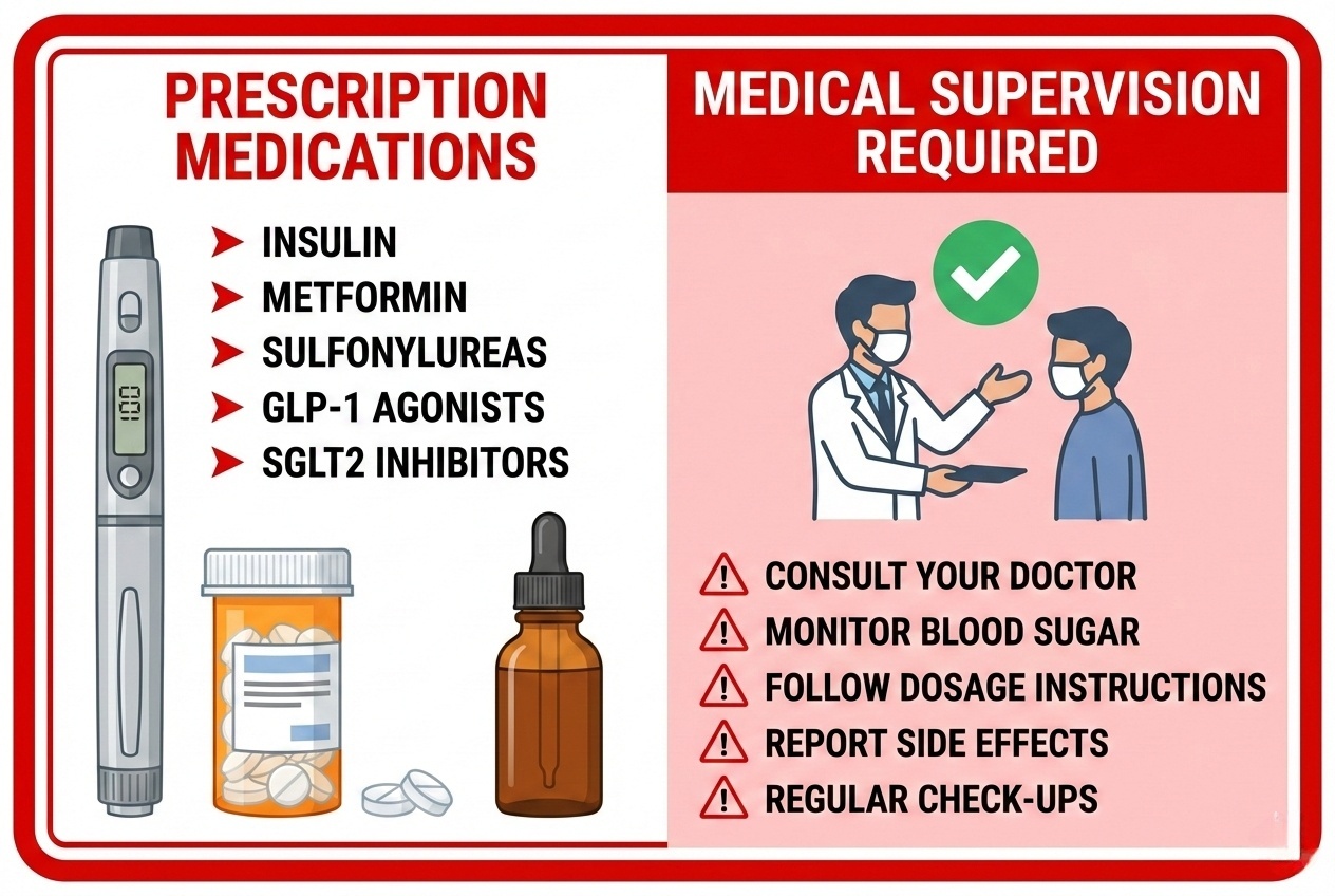 Medical warning graphic showing diabetes medications requiring physician supervision before starting blood sugar supplements including insulin, metformin, and other hypoglycemic drugs