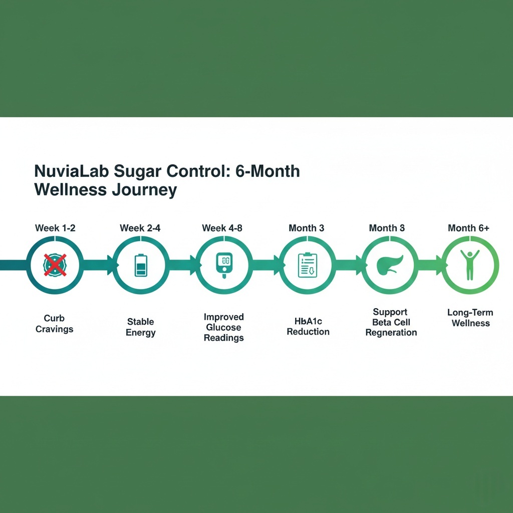Six-month timeline infographic showing realistic blood sugar supplement results progression from reduced cravings (week 1-2) to beta cell regeneration (month 6+)