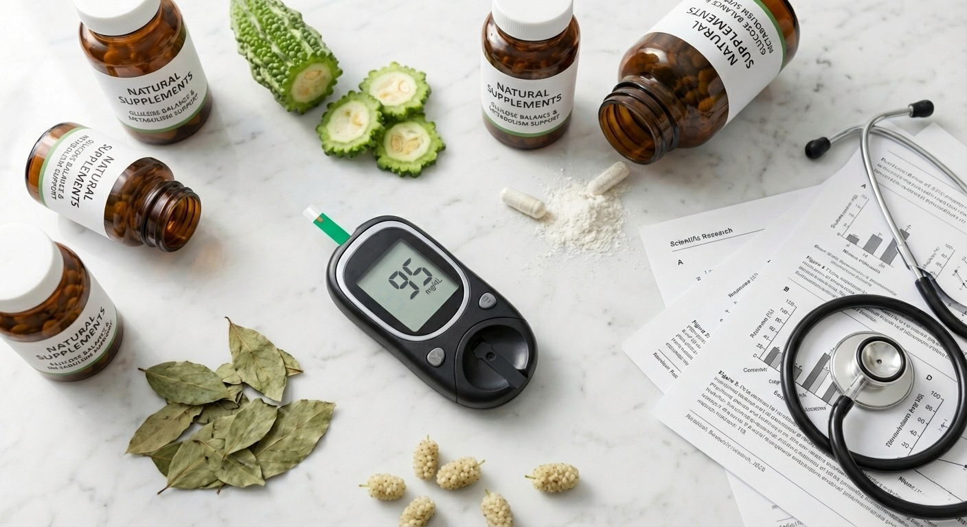 Blood sugar control ingredients clinical setup with glucose meter, bitter melon, gymnema sylvestre, white mulberry, and supplement bottles on white marble surface