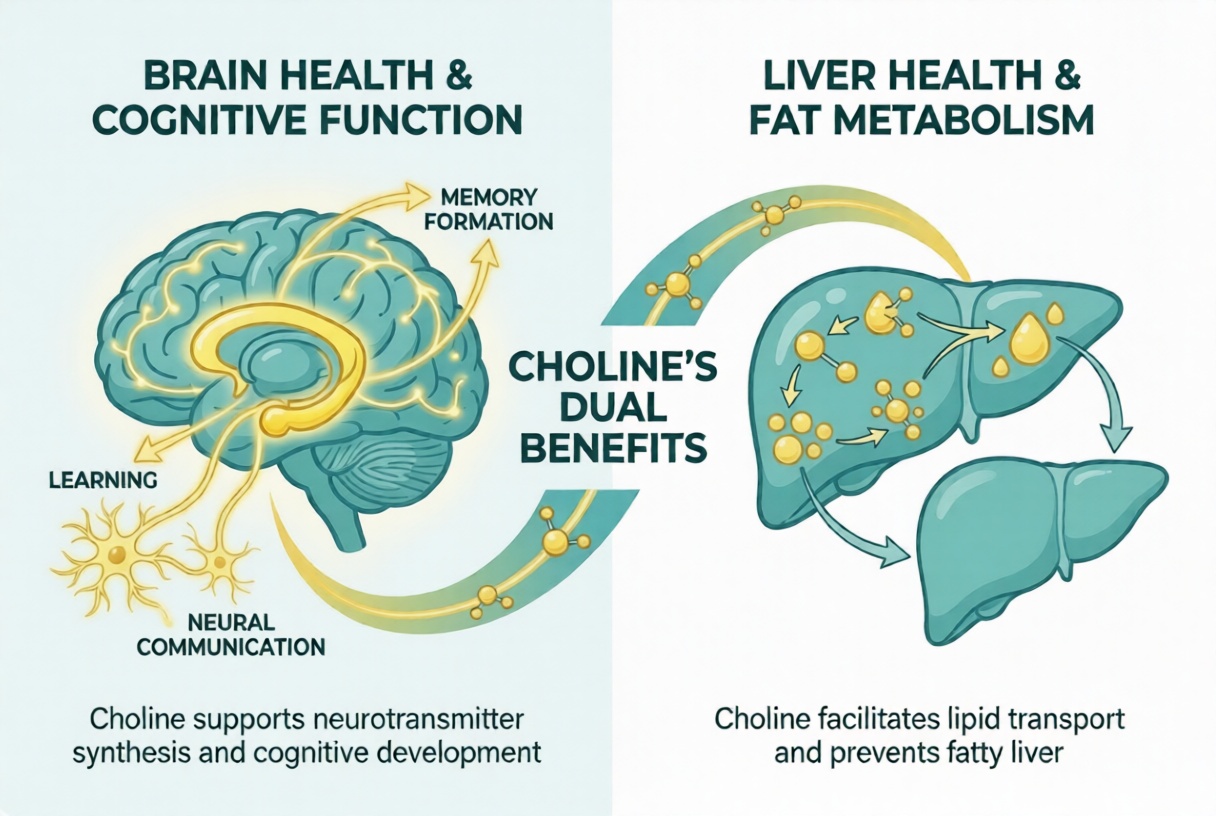 Choline nutrient benefits infographic showing brain hippocampus memory formation and liver fat metabolism during pregnancy