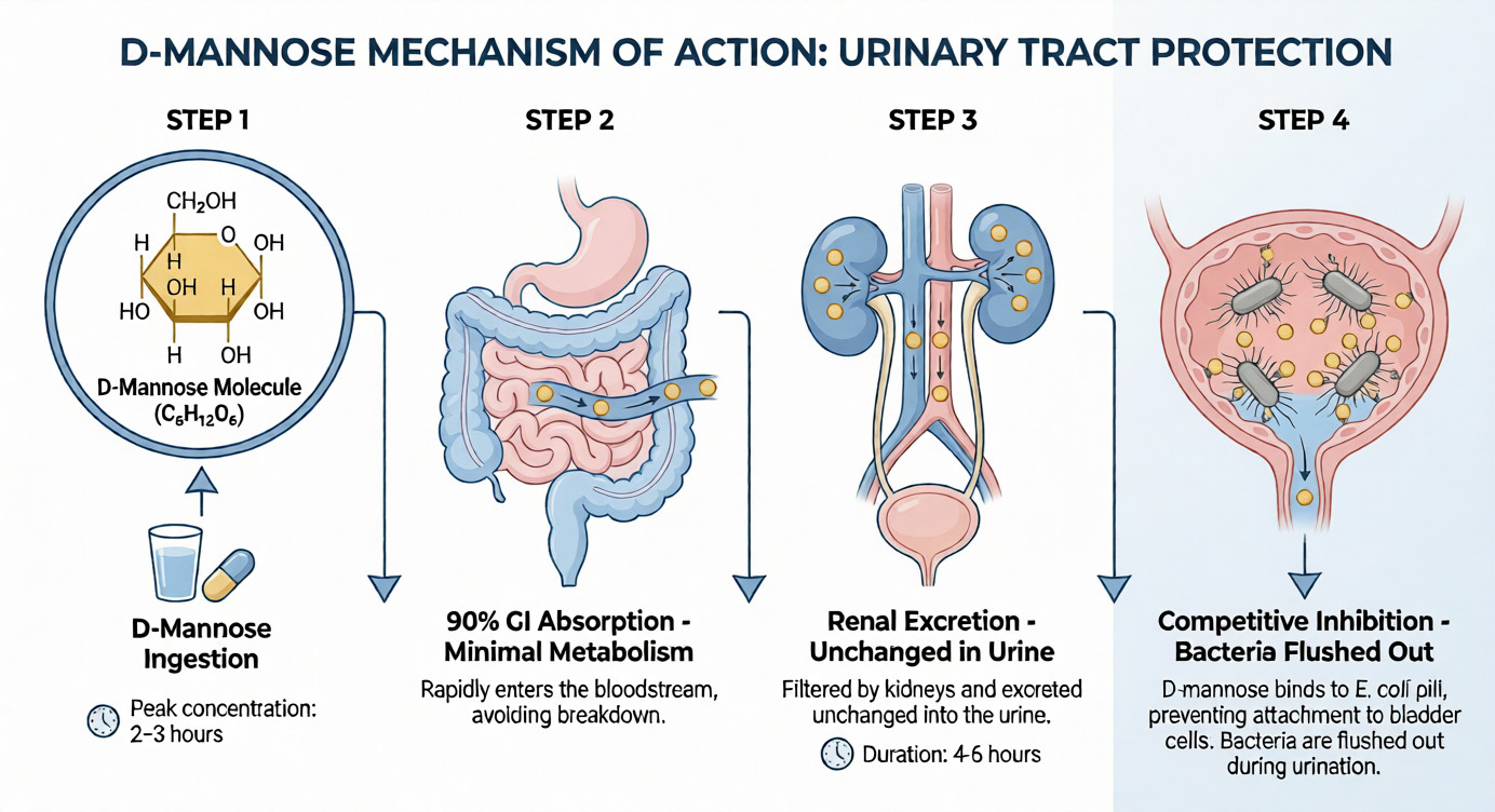 D-mannose UTI prevention supplements mechanism showing competitive inhibition of FimH adhesins