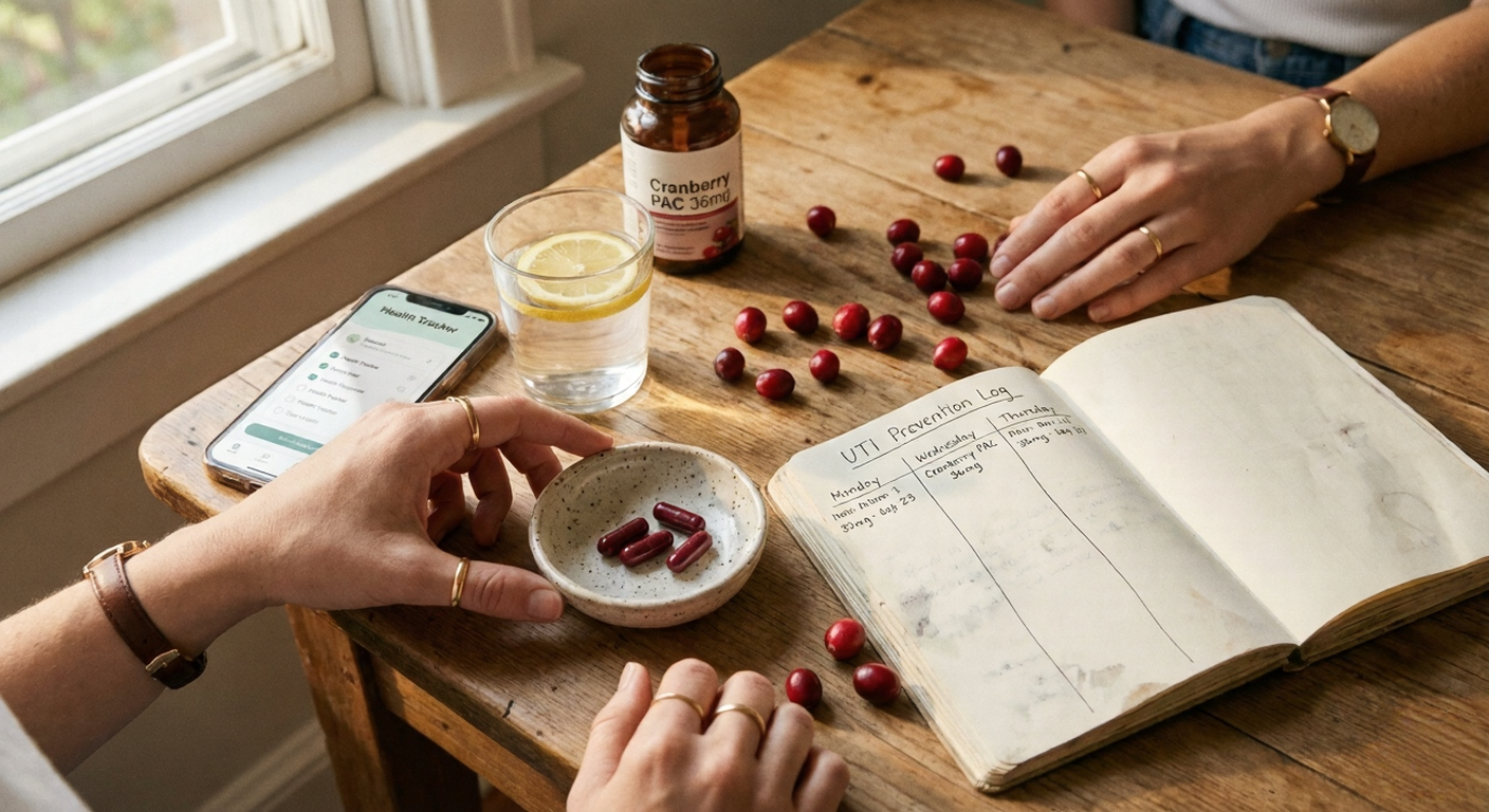 Daily UTI prevention supplements routine showing hands arranging cranberry PAC capsules and D-mannose with health journal
