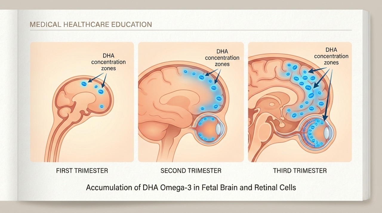 Medical illustration showing DHA omega-3 fatty acid accumulation in fetal brain tissue during pregnancy trimesters for neural development