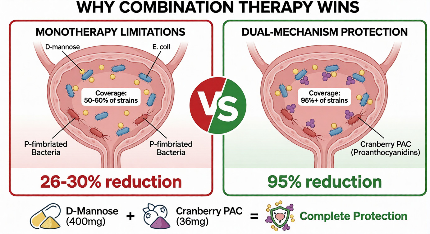 UTI prevention supplements comparison infographic showing dual-mechanism superiority D-mannose cranberry PAC versus monotherapy