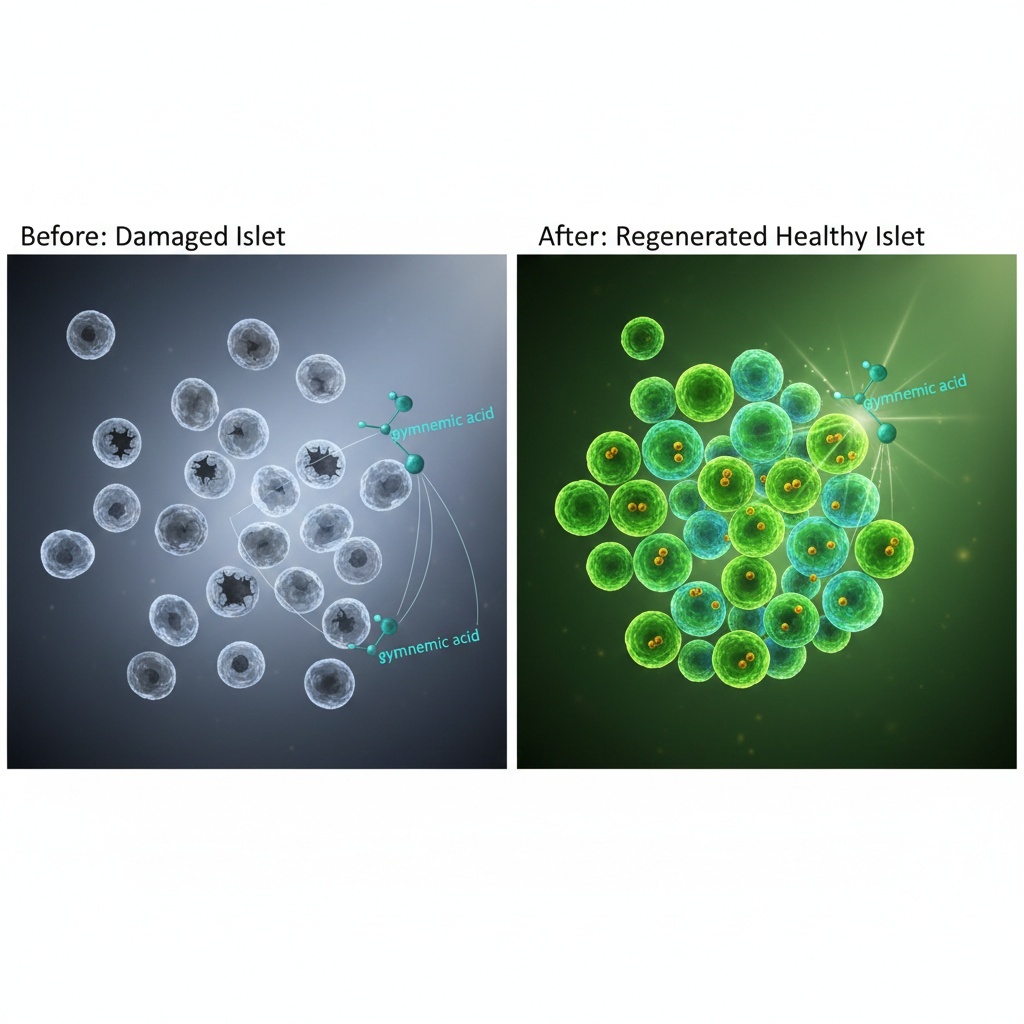 Scientific visualization comparing damaged pancreatic beta cells versus regenerated beta cells after gymnema sylvestre treatment, showing insulin-producing cell restoration
