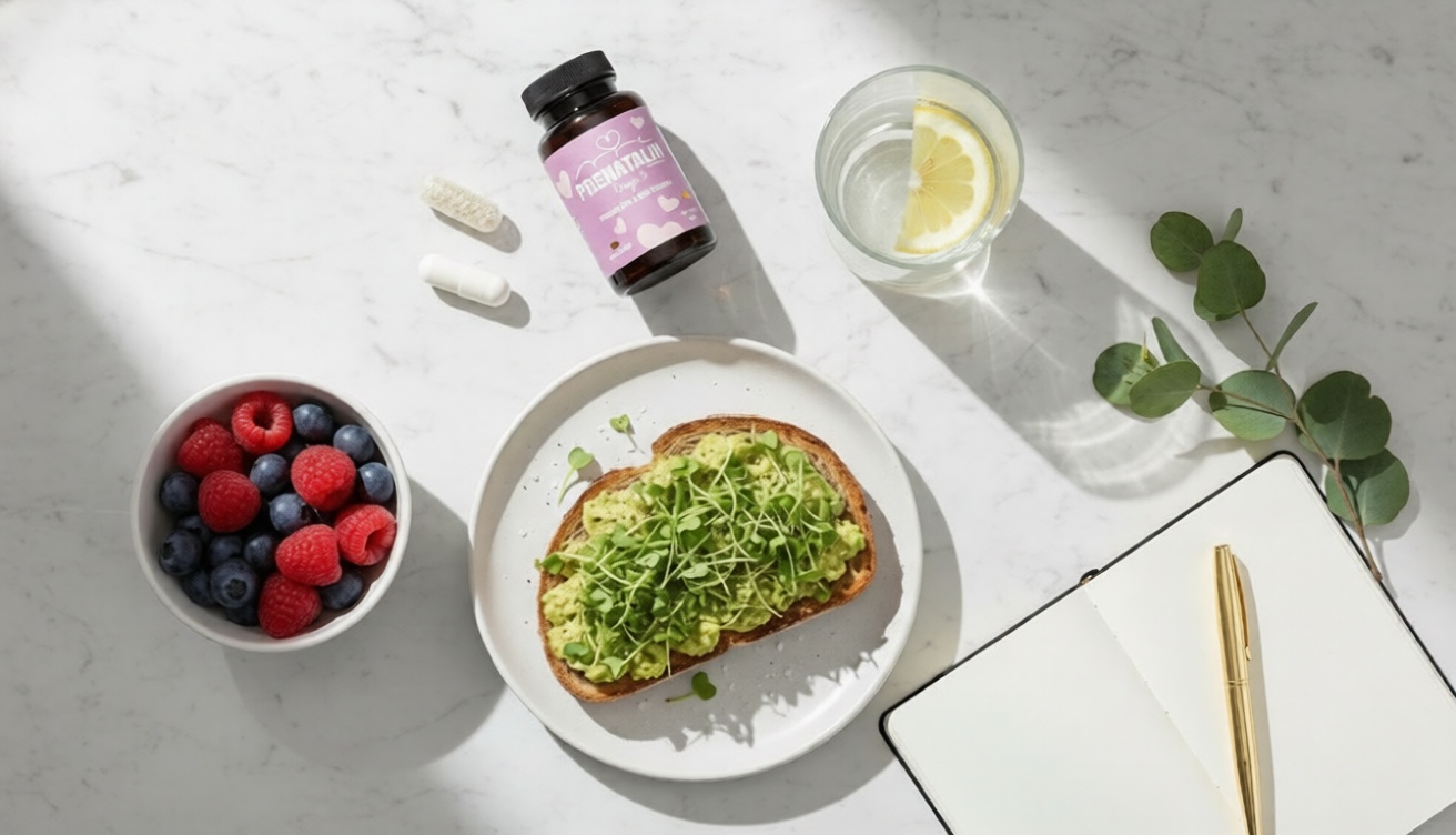 Overhead flat lay of healthy pregnancy morning routine with prenatal vitamins, nutritious breakfast, water, and wellness journal