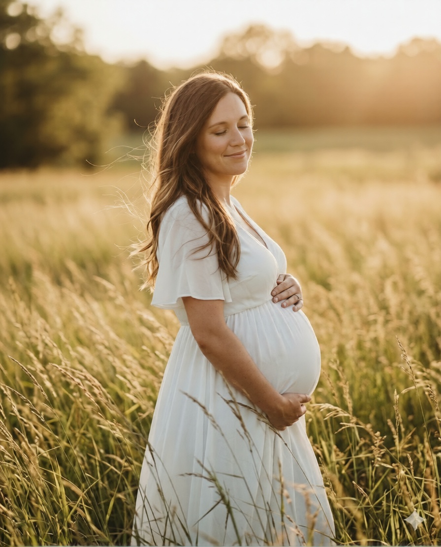 Pregnant woman in third trimester standing in meadow at sunset, hands on belly, representing healthy pregnancy outcome with proper prenatal nutrition