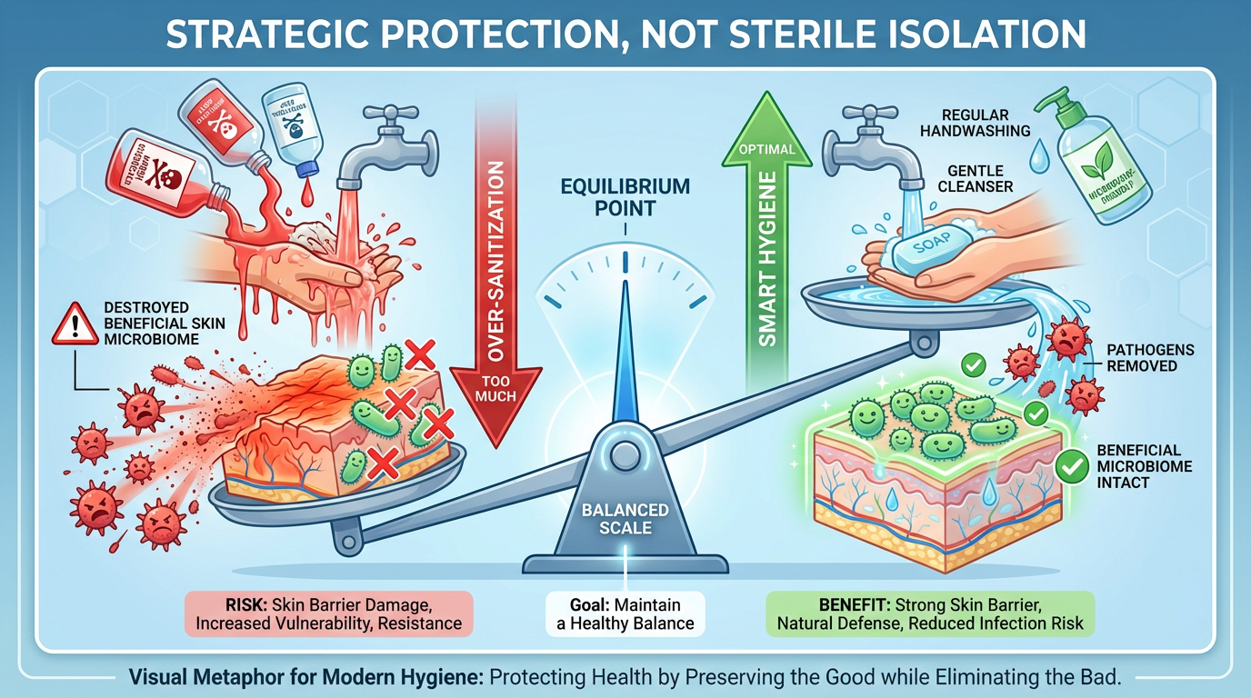 Infographic showing balance between over-sanitization that destroys beneficial microbiome and smart hygiene that protects without disrupting skin bacteria