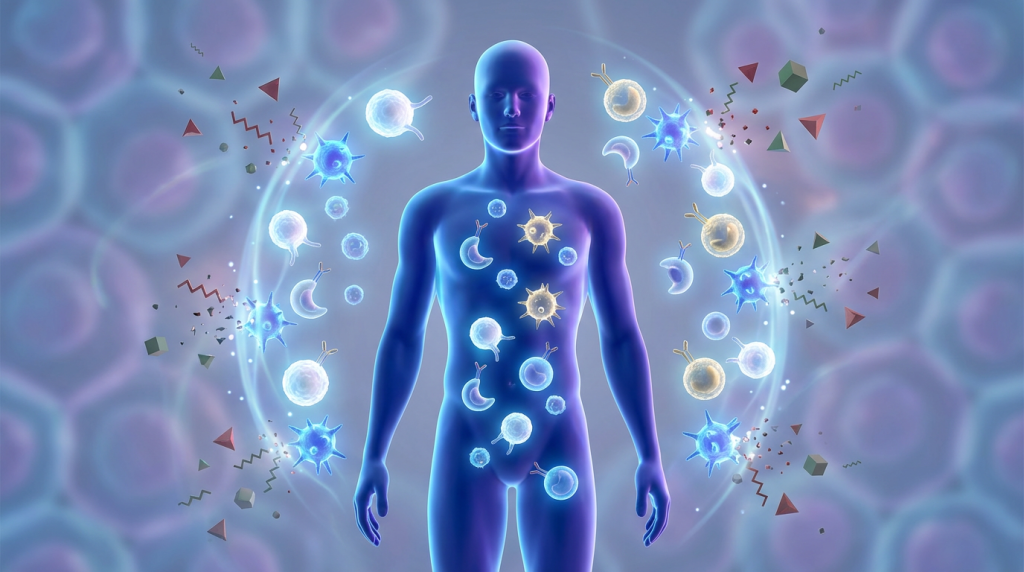 Illustration of human immune system defending against 60,000 daily pathogens with active white blood cells and T-cells creating protective barrier