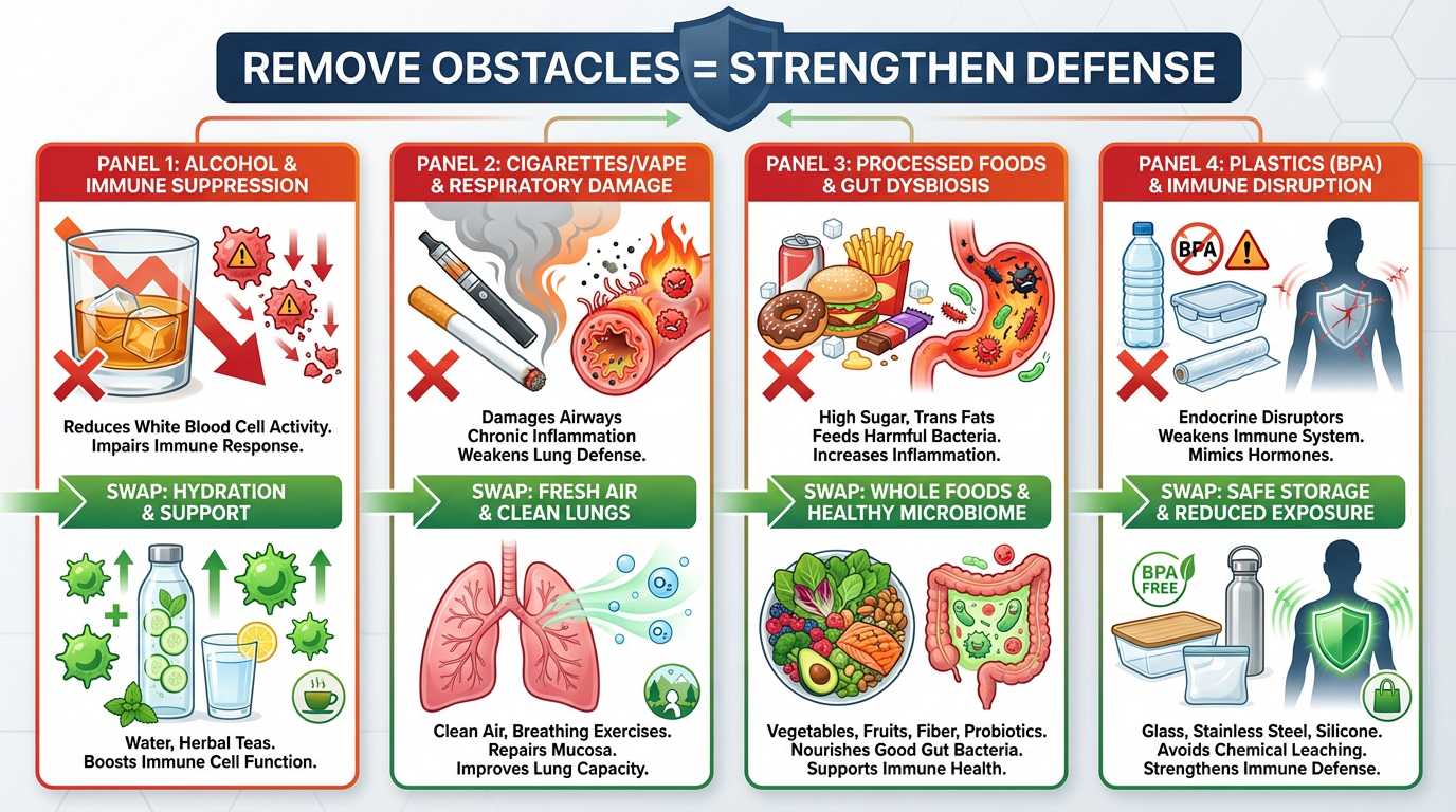 Infographic showing four major immune disruptors to minimize - alcohol, smoking, processed foods, and BPA plastics - with healthy alternatives