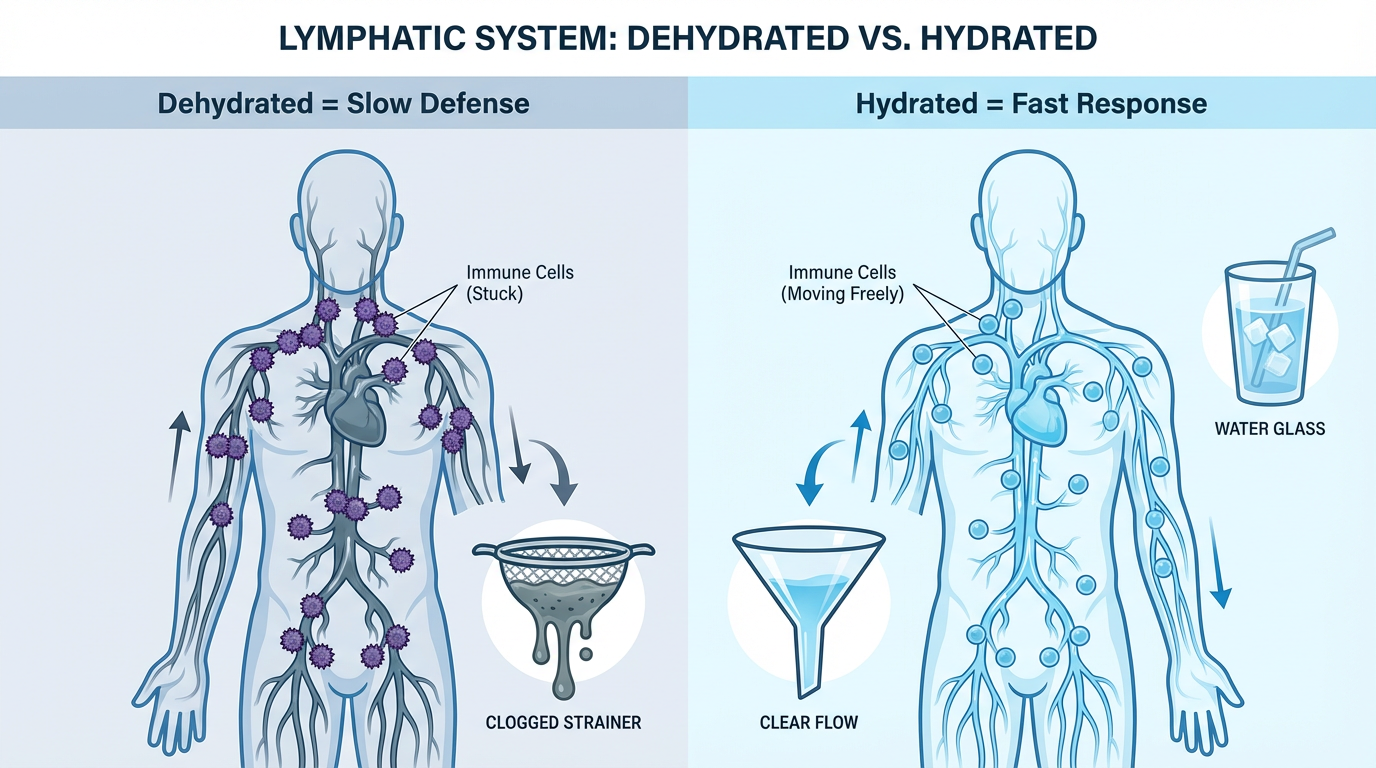 Comparison diagram showing dehydrated versus hydrated lymphatic system and impact on white blood cell transport efficiency