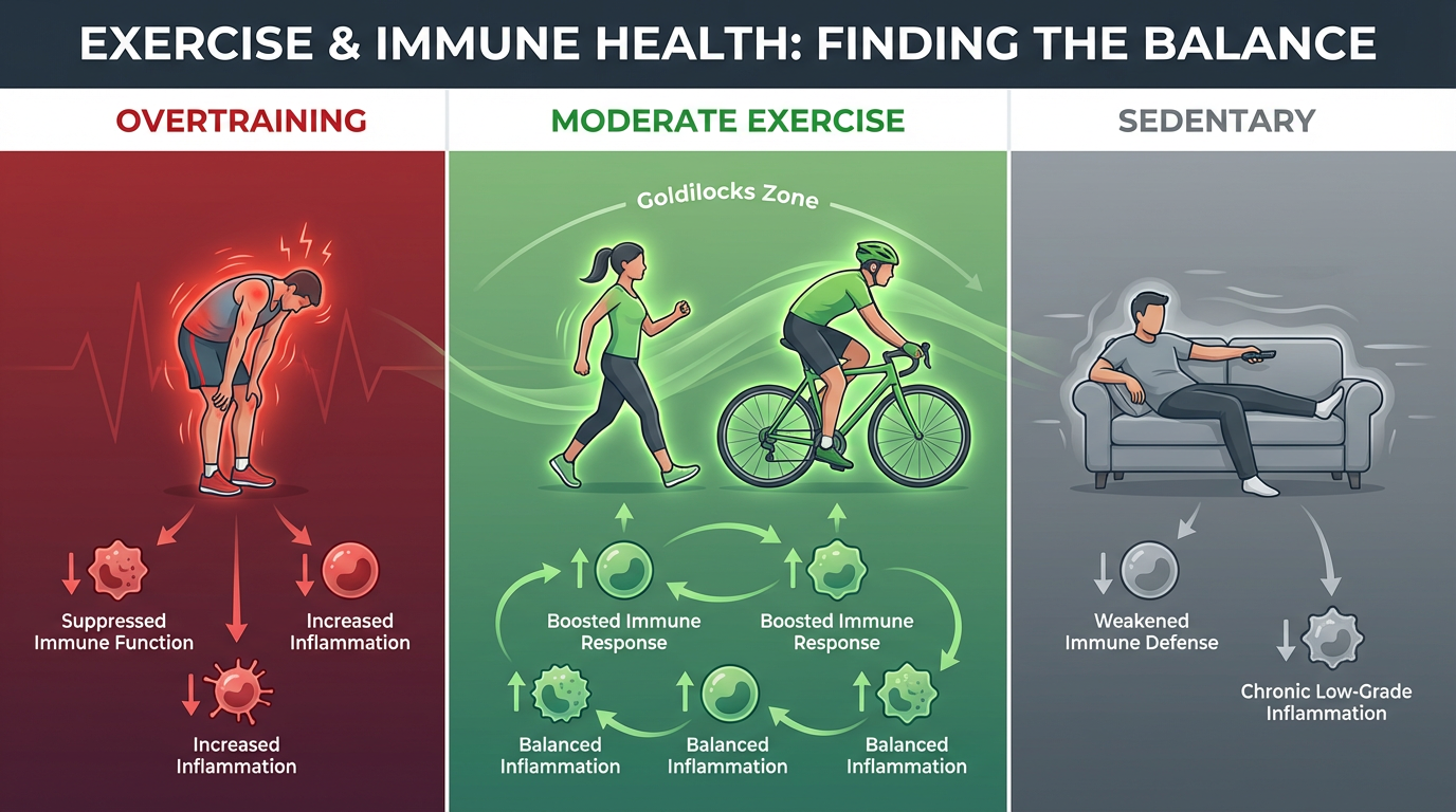 Infographic comparing immune response to overtraining, moderate exercise, and sedentary lifestyle showing optimal immune function in moderate activity zone