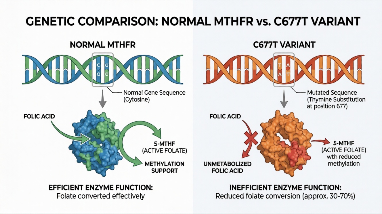 MTHFR gene mutation C677T variant diagram showing impaired folic acid to methylfolate conversion enzyme function