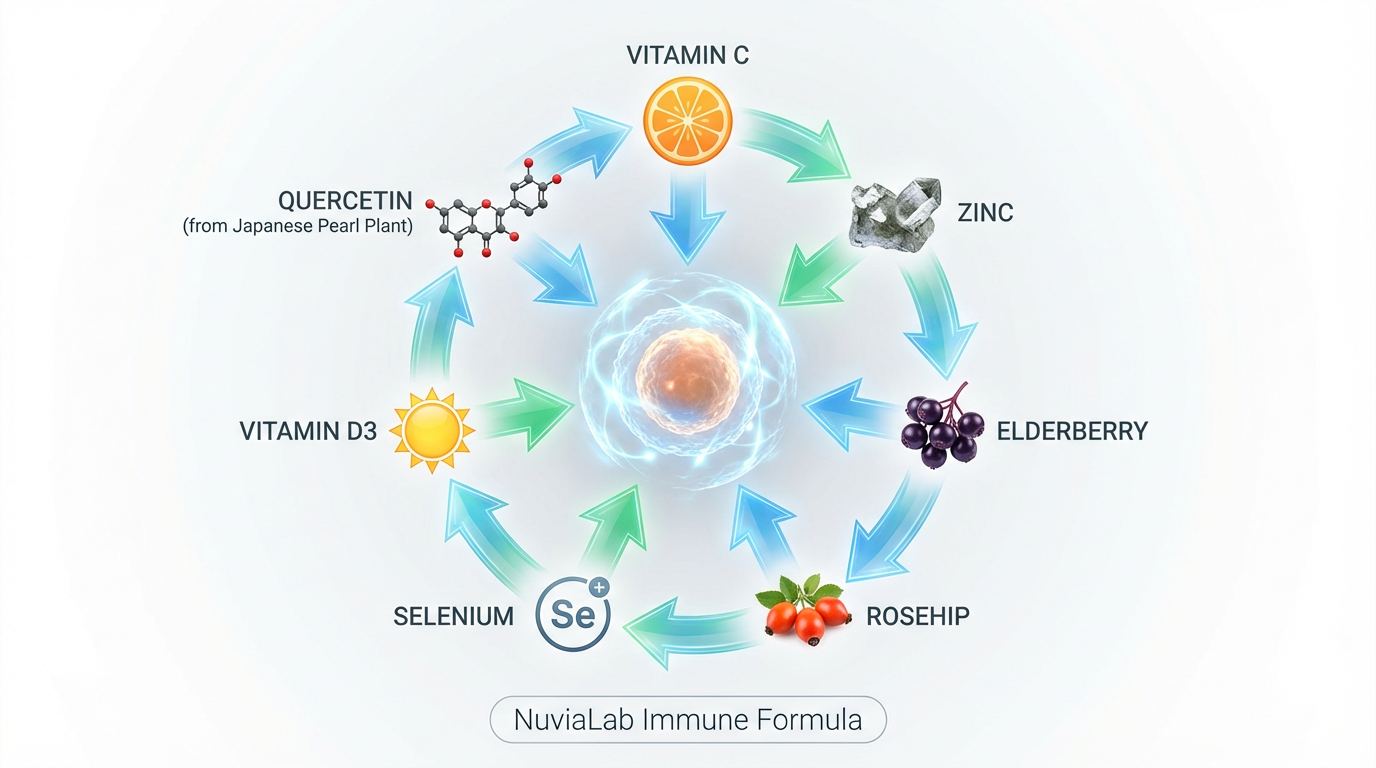 NuviaLab Immune supplement showing 7 synergistic ingredients - quercetin, vitamin C, zinc, elderberry, rosehip, selenium, vitamin D3 - supporting immune function