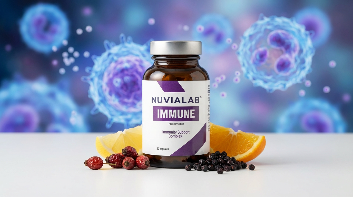 NuviaLab Immune vegan supplement bottle with 7 clinically-studied ingredients for immune support, GMO-free, made in EU facilities