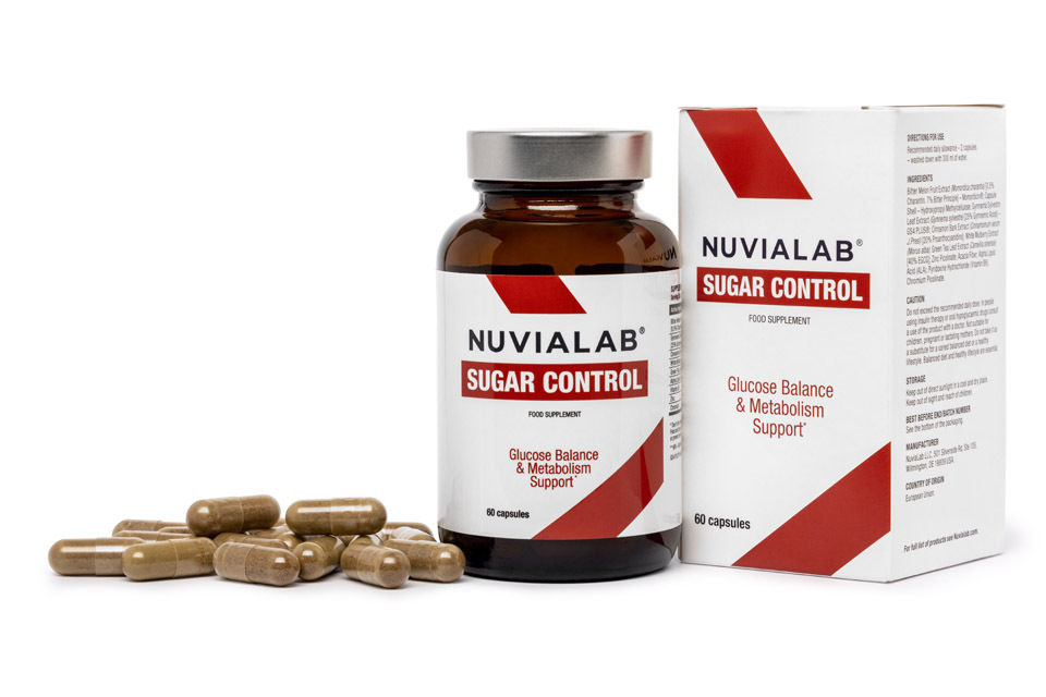 NuviaLab Sugar Control blood sugar supplement bottle with clinical-grade ingredients including GS4 PLUS gymnema, Momordicin bitter melon, white mulberry DNJ, and chromium picolinate