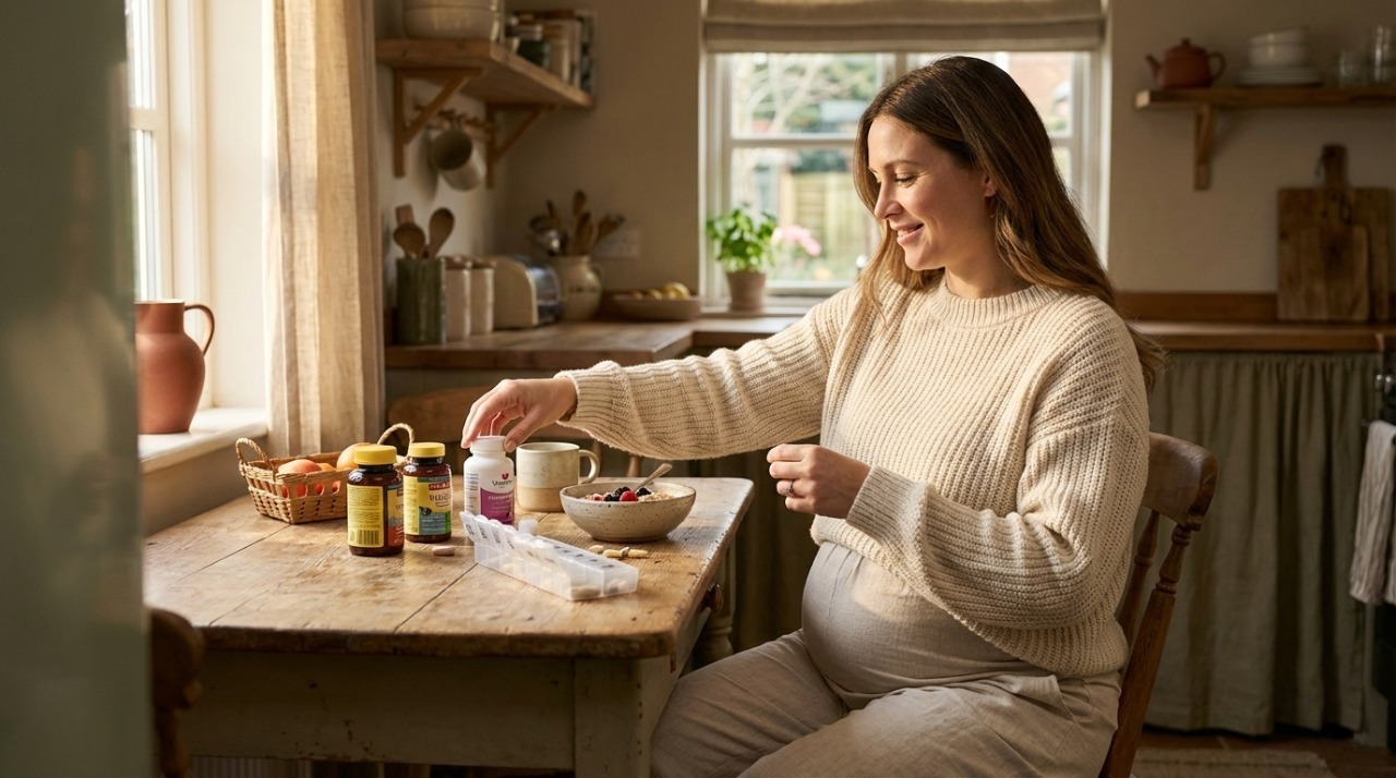 Pregnant woman in third trimester organizing daily prenatal vitamins and supplements in pill organizer during healthy breakfast routine