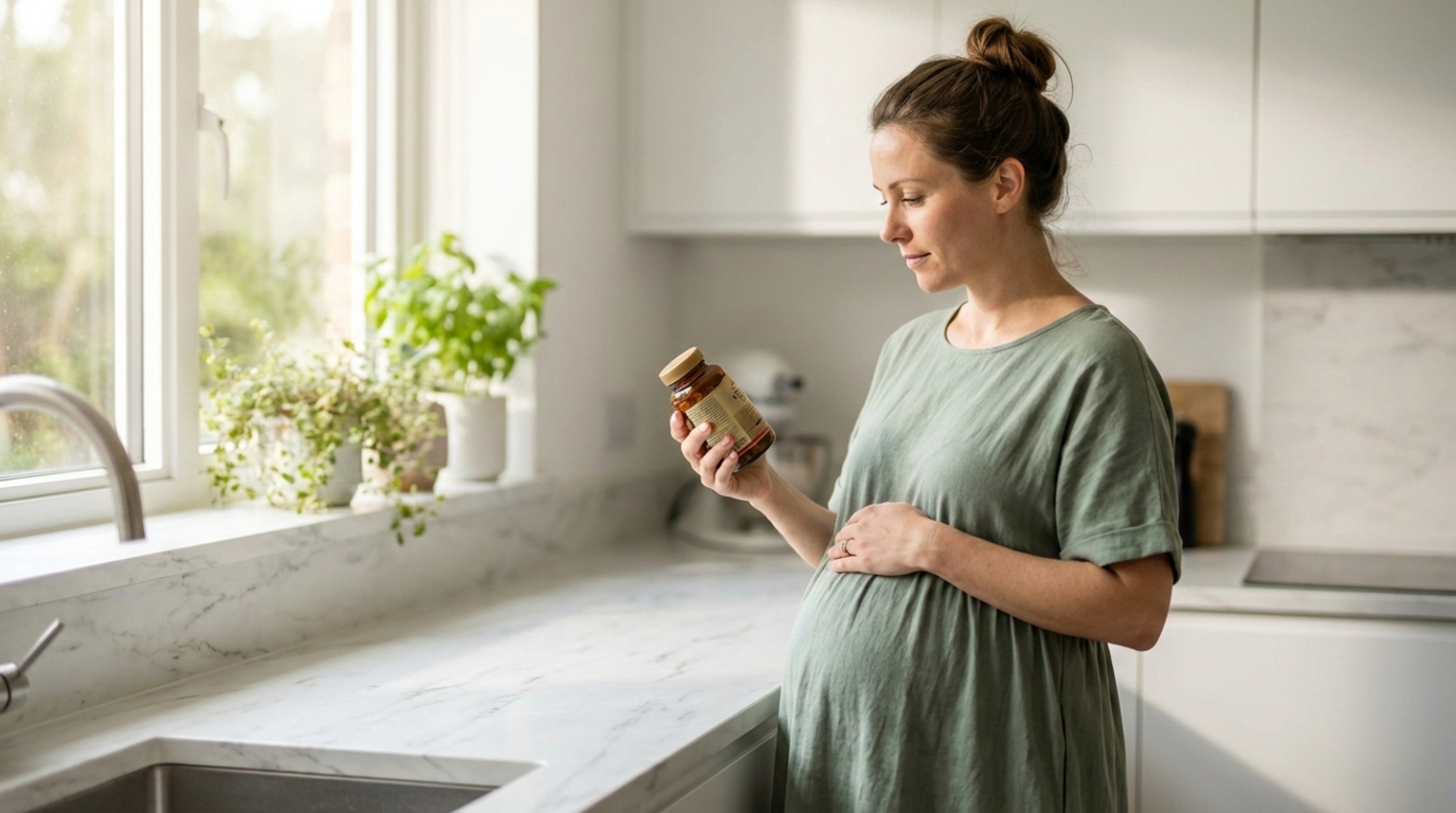 Pregnant woman in her 30s carefully reading prenatal vitamin supplement label in bright modern kitchen, making informed healthcare decision