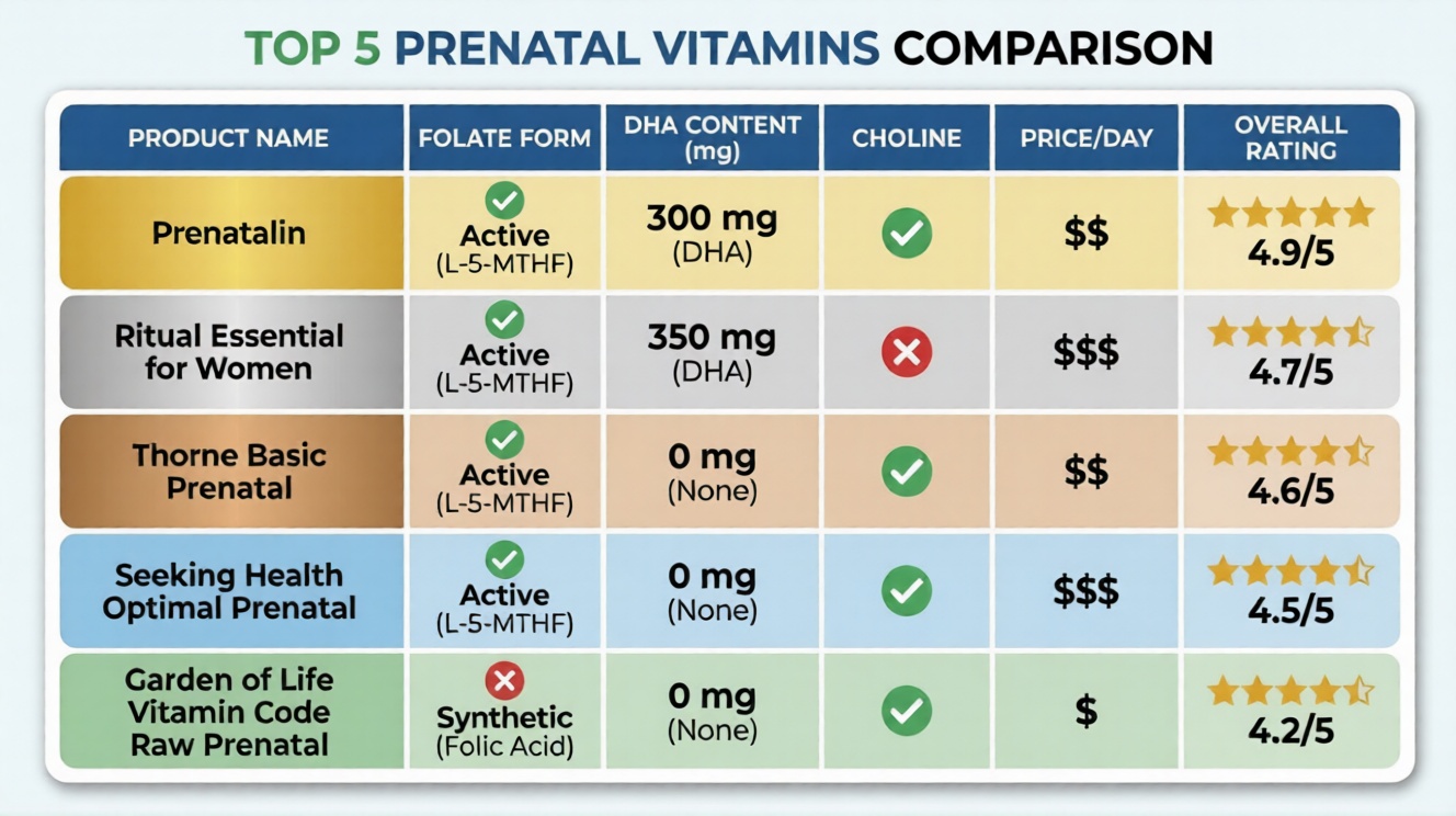 Comparison infographic of top 5 prenatal vitamins showing active folate, DHA content, choline levels, and daily cost ratings