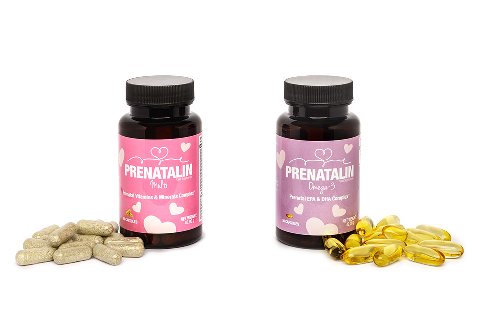 Prenatalin prenatal vitamin supplement bottle with Quatrefolic active folate 800mcg, professional product photography on white background