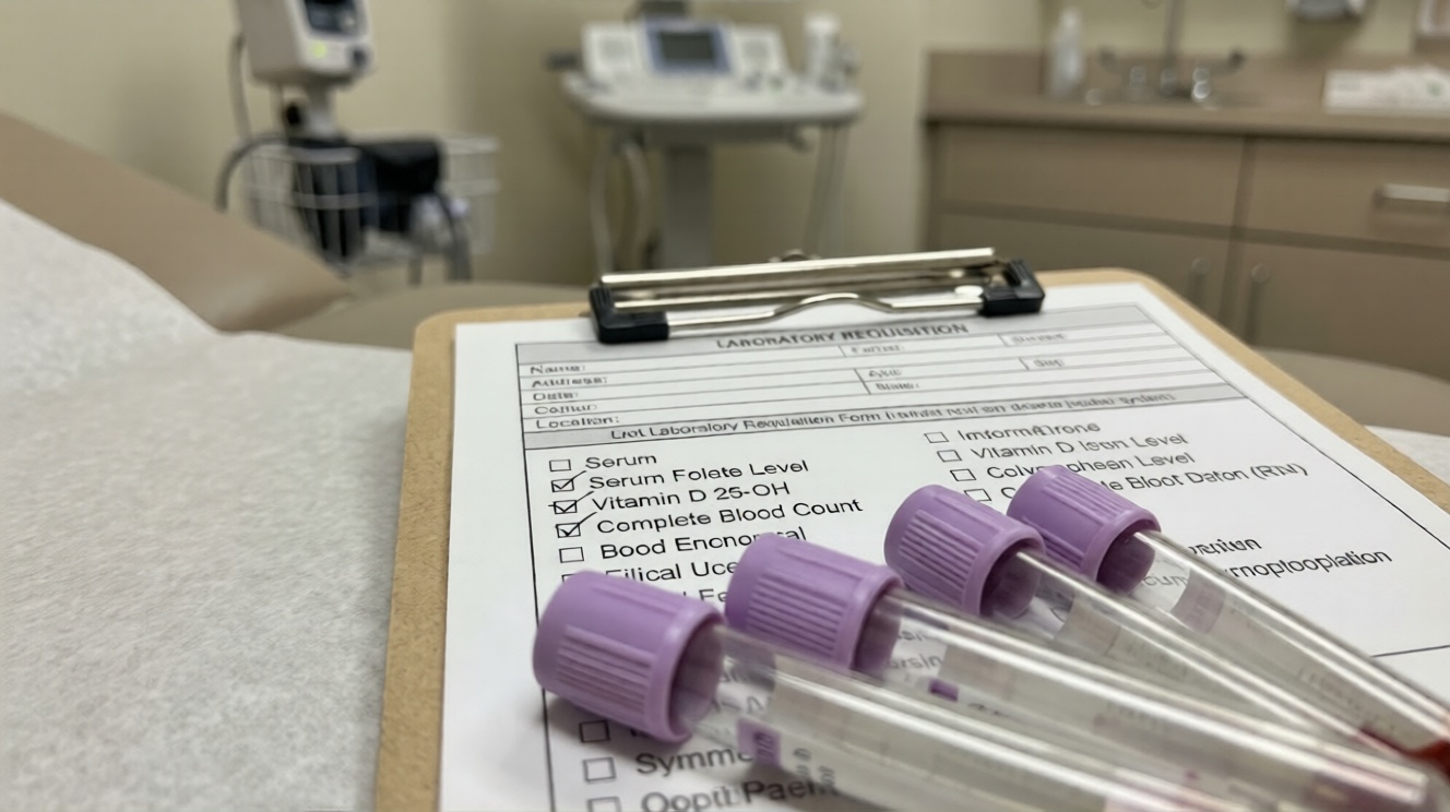 Medical lab requisition form showing serum folate and vitamin D blood tests with purple cap collection tubes for prenatal nutrition assessment