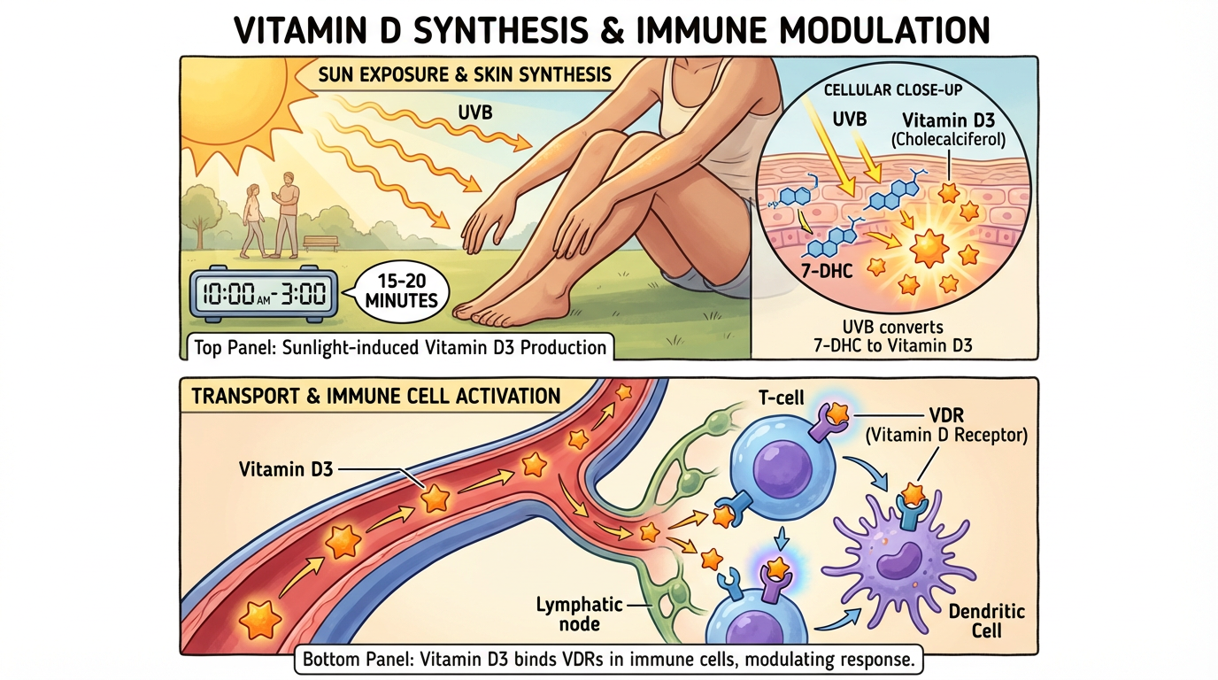Scientific illustration showing UVB sunlight triggering vitamin D3 synthesis in skin and activation of immune cell receptors