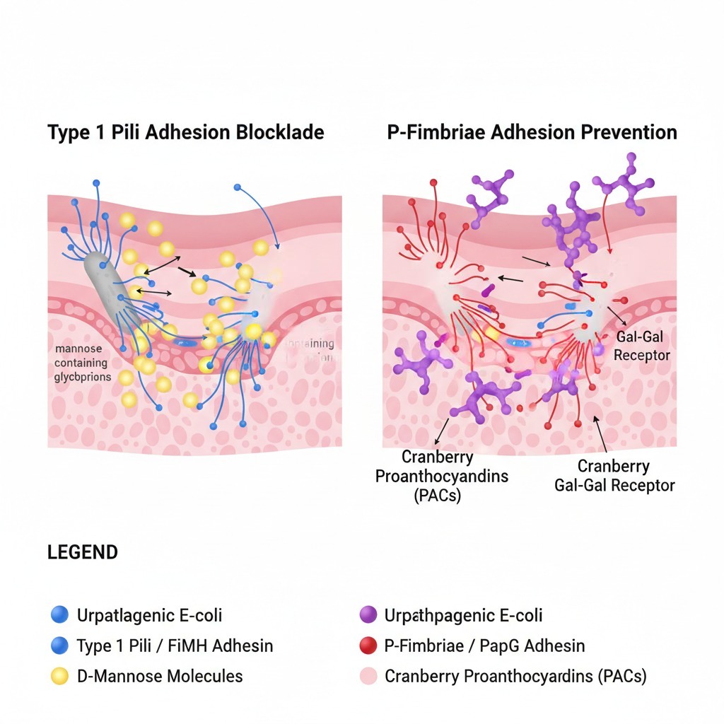 UTI prevention supplements bacterial adhesion mechanism diagram showing Type 1 pili and P-fimbriae how D-mannose and cranberry PAC work