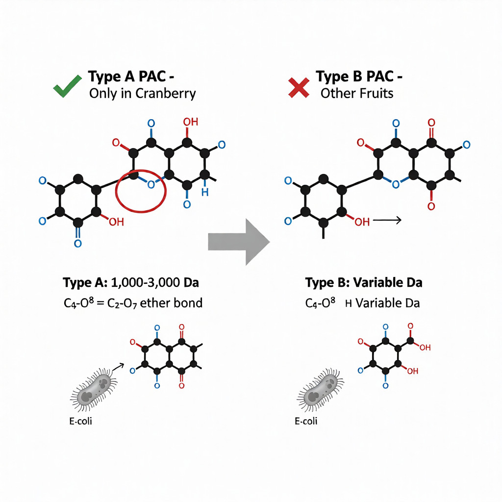 Cranberry PAC molecular structure comparison Type A vs Type B explaining UTI prevention supplements quality difference