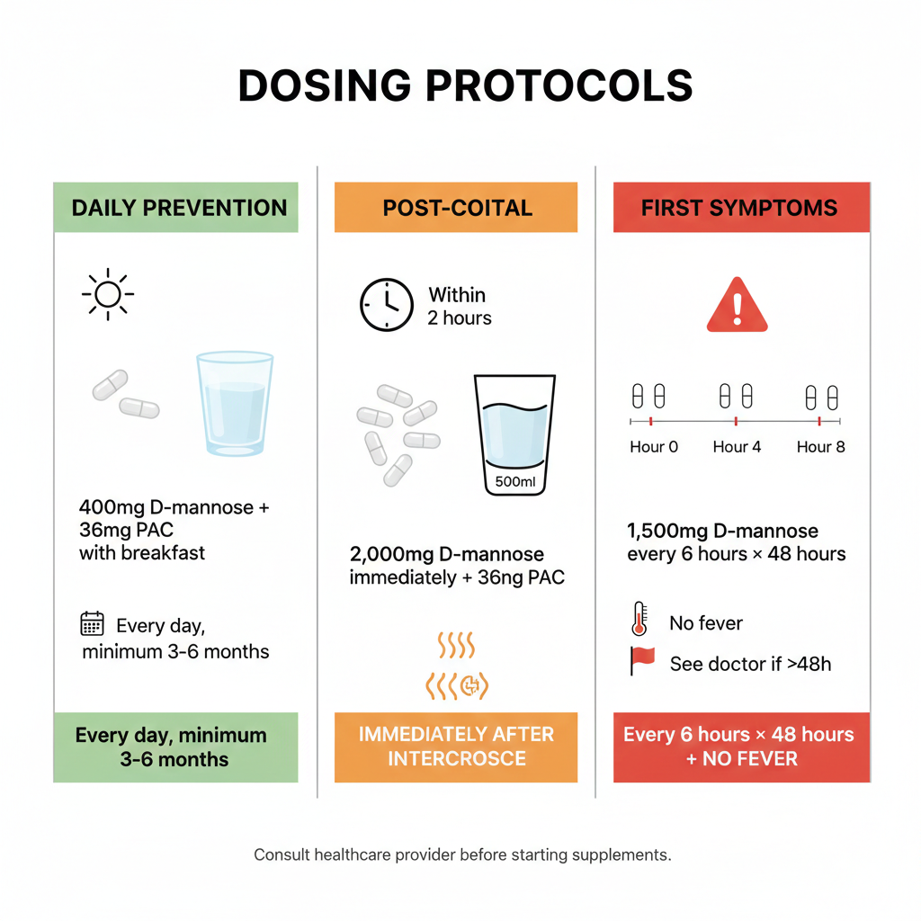 UTI prevention supplements dosing protocol visual guide showing daily maintenance post-coital and first symptoms protocols