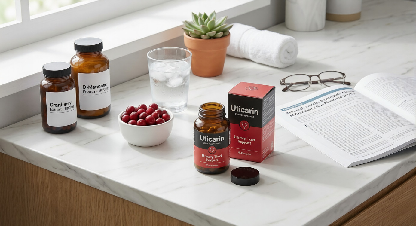 UTI prevention supplements collection arrangement D-mannose cranberry PAC bottles with water on marble vanity