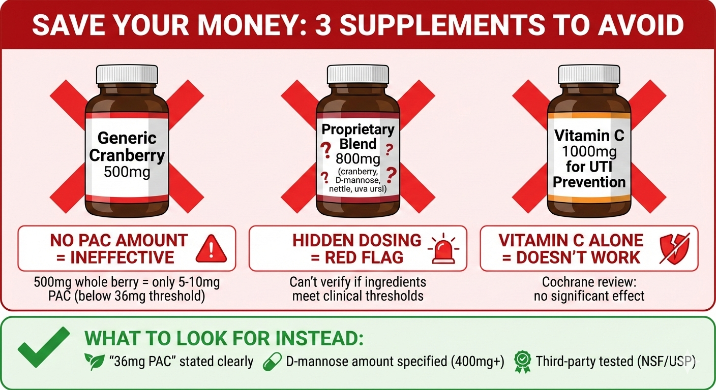 UTI supplements to avoid warning infographic showing ineffective products unspecified PAC content proprietary blends vitamin C