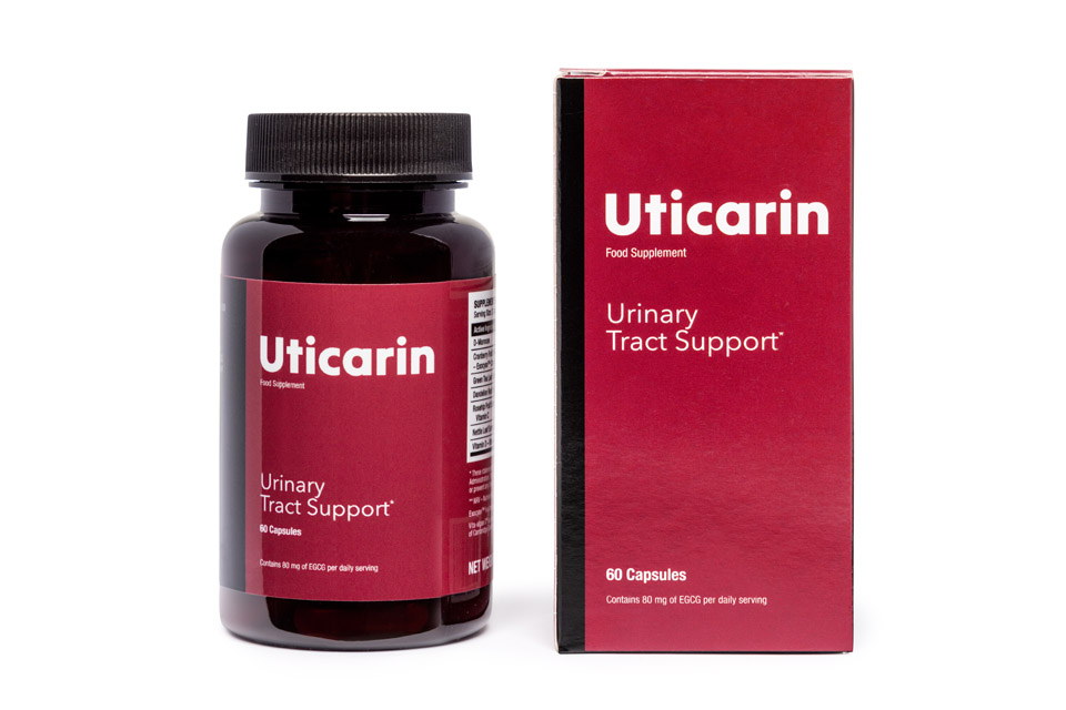 Uticarin UTI prevention supplements bottle containing 400mg D-mannose and 36mg cranberry PAC for urinary tract health