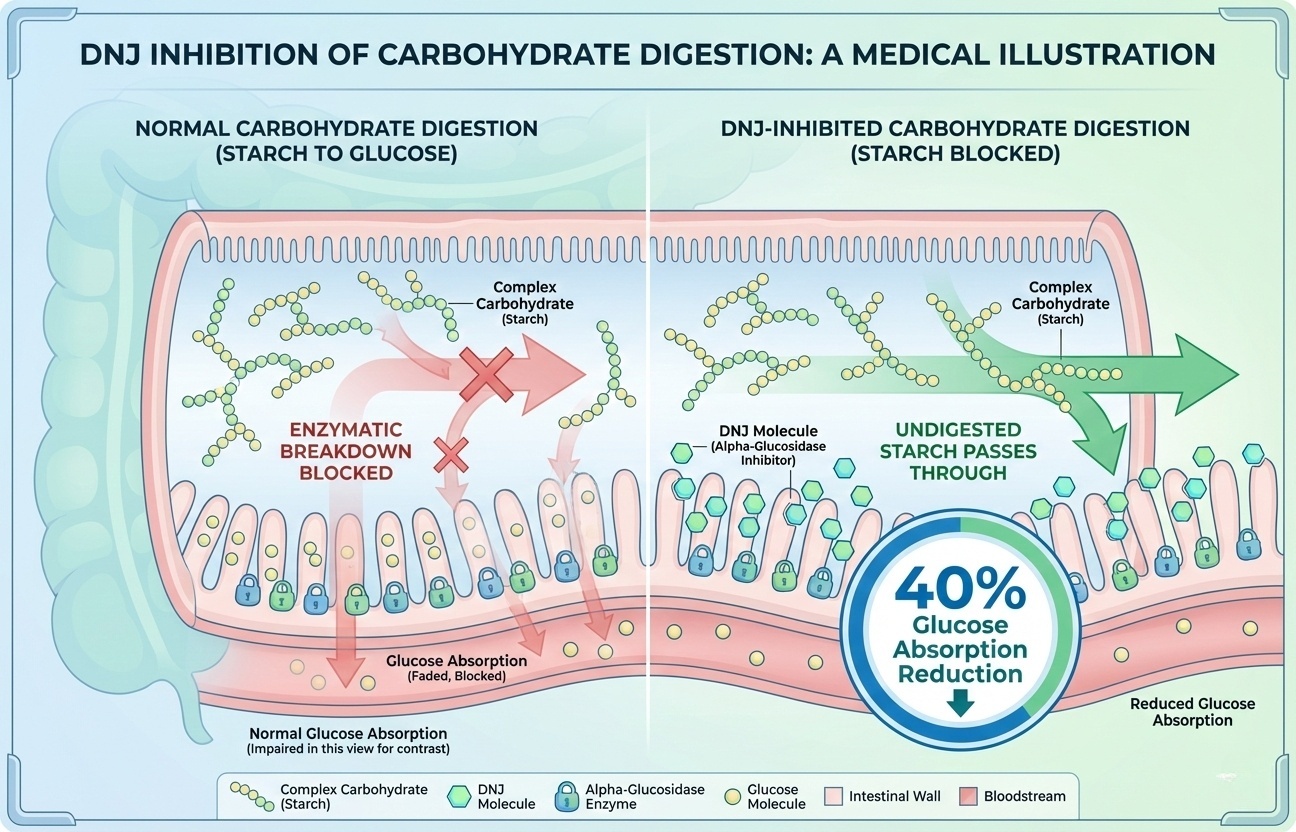 Anatomical diagram showing DNJ from white mulberry extract blocking alpha-glucosidase enzymes in small intestine, preventing starch conversion to glucose and reducing absorption by 40%